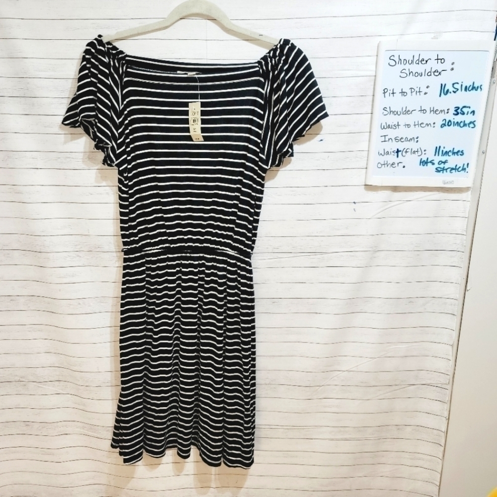 LOFT OFF SHOULDER CINCHED WAIST STRIPED DRESS, sz MEDIUM P
